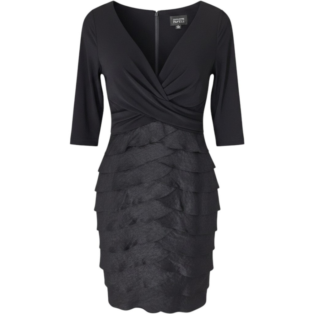 Adrianna Papell Black Tiered Ruffle Cocktail Dress V-Neck 3/4 Sleeve Size 8